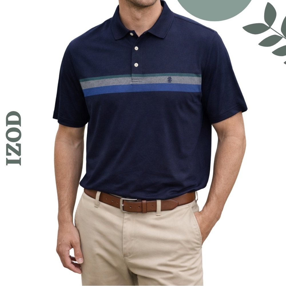 IZOD Men’s Polo Shirt XXL | Navy Blue Striped | Classic Fit | Golf